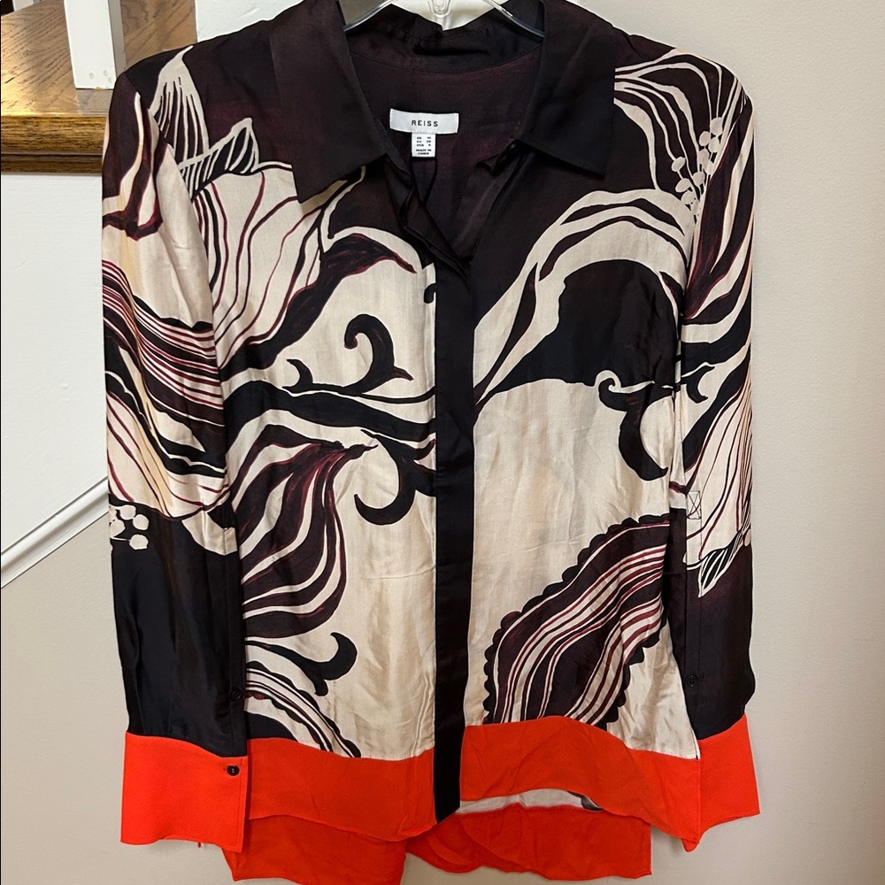 Reiss Women’s Size 6 Karl Orchid Printed button down shirt brown red - Picture 6 of 16